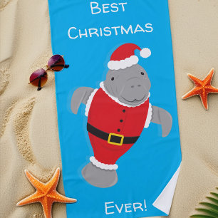 Best Christmas Ever Santa Manatee Christmas Beach Towel