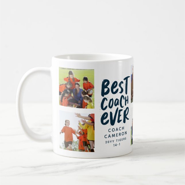 Best coach ever 7 photo collage team gift navy coffee mug (Left)