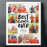 Best coach ever eight photo collage coach gift plaque<br><div class="desc">Celebrate a great coach and say thank you for a great season with this 8 photo "best coach ever" collage. The bold trendy type includes a spot for a name and record or other stats. The black text is surrounded by photos - 6 square and 2 horizontal. Find more coach...</div>
