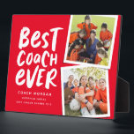 Best coach ever red two photo team thank you plaque<br><div class="desc">Say thank you to a great coach and celebrate a wonderful season with this fun two-photo plaque with a red and white colour scheme. Personalize it with your own text too to commemorate a successful season. Makes a great way to show your appreciation for any sports season and athletes young...</div>