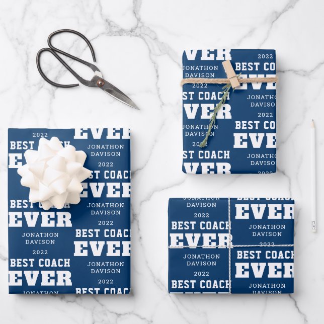 Best Coach Ever Typography Name Year White Blue Wrapping Paper Sheet (Front)