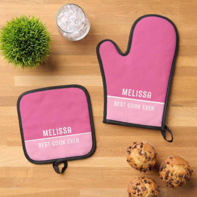 Best Cook Ever Mom Grandma Gift Pink Oven Mitt & Pot Holder Set (Top Down)