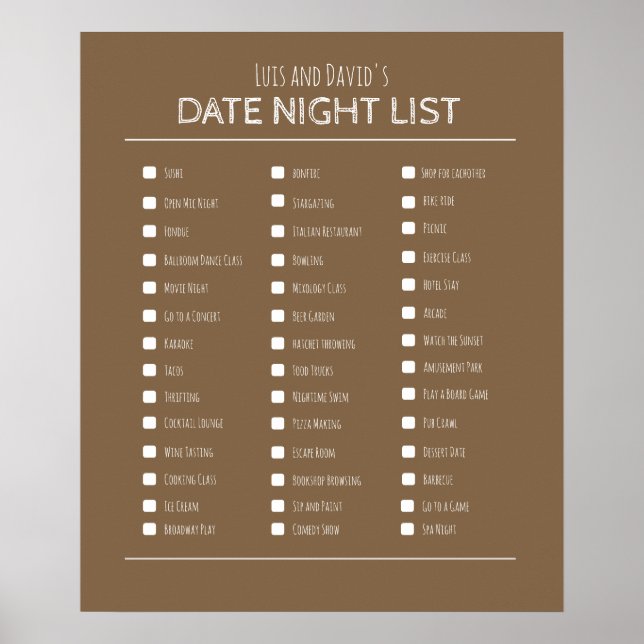 Best couple's gift date night bucket list poster (Front)