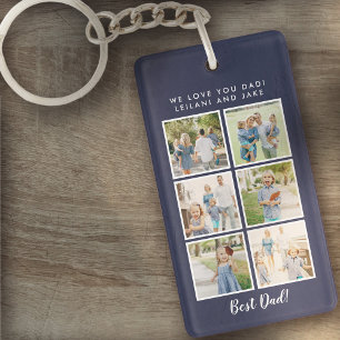 Best Dad! 6 Photos Custom Message Navy Blue Keychain