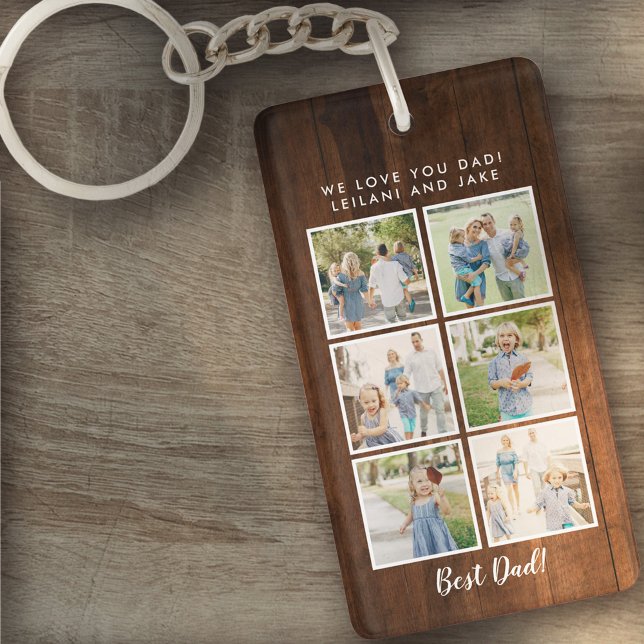 Best Dad! 6 Photos Custom Message Rustic Wood Keychain (Creator Uploaded)
