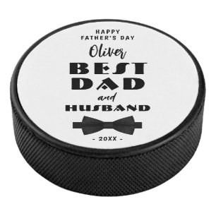 Best Dad and Husband Black Tie Elegant Hockey Puck