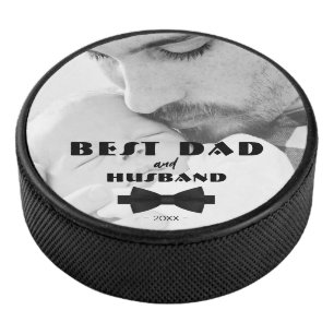 Best Dad and Husband Black Tie Elegant Photo Hockey Puck