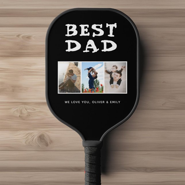 Best Dad Black Custom 3 Photo Collage Pickleball Paddle (Creator Uploaded)