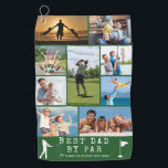 BEST DAD BY PAR 9 Photo Collage Personalized Green Golf Towel<br><div class="desc">Create a unique photo memory golf towel for the golfer Dad utilizing this easy-to-upload photo collage template with 9 pictures with the suggested funny golf saying title BEST DAD BY PAR and personalized with names or your custom text in white against an editable green background colour. CHANGES: You can change...</div>