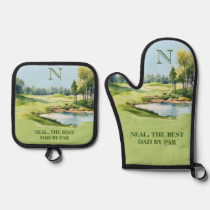 Best Dad by Par Watercolor Golf Course Initial Oven Mitt & Pot Holder Set