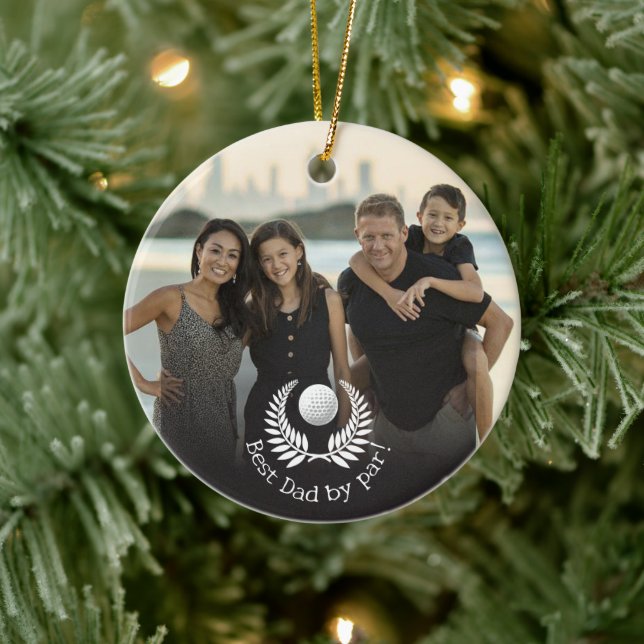 Best Dad by Par Wreath Custom Name Photo Ceramic Ornament (Tree)