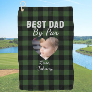 Best Dad Custom Kids Photo Green Buffalo Plaid Golf Towel