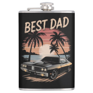 Best Dad,Dodge Charger Car, Retro Sunset,Palm Tree Hip Flask