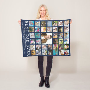BEST DAD EVER 39 Photo Collage Personalized Navy Fleece Blanket
