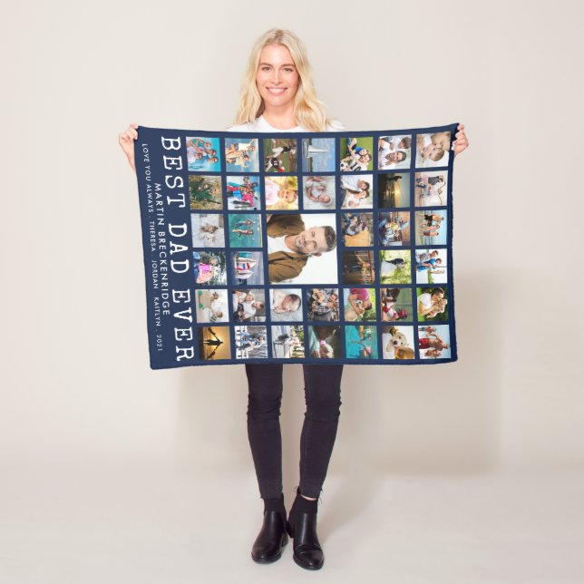 BEST DAD EVER 39 Photo Collage Personalized Navy Fleece Blanket (In Situ)