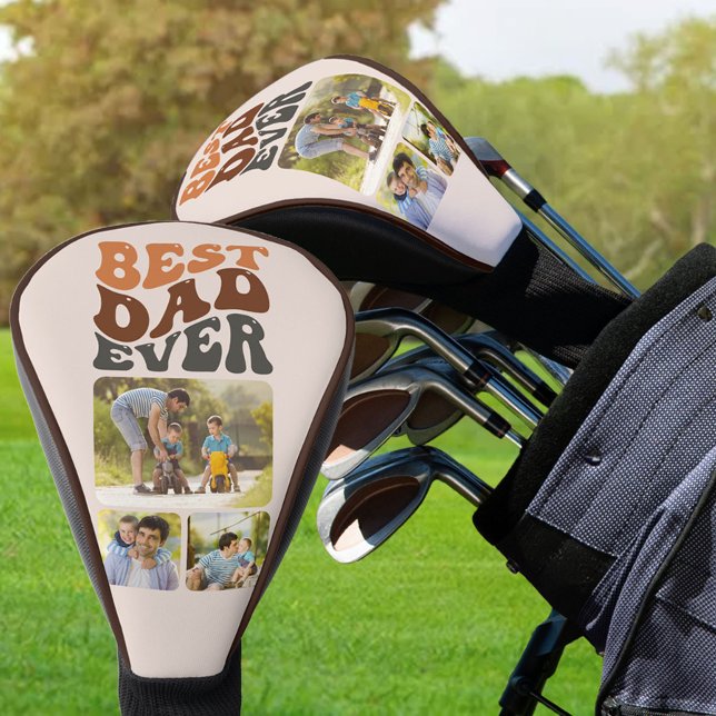Best Dad Ever 3 Photo Groovy Retro Typography Golf Head Cover (Creator Uploaded)