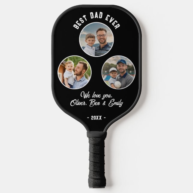 Best Dad Ever 3 Photos Father`s Day Keepsake Pickleball Paddle (Front)