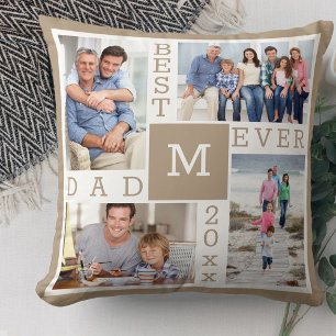 Best Dad Ever 4 Photo Collage Beige White Monogram Throw Pillow