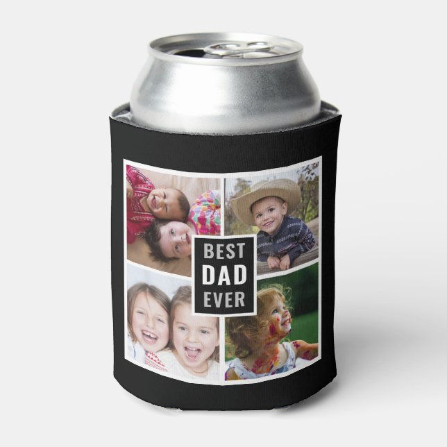 Best Dad Ever 4 Photo Collage Personalized Black   Can Cooler (Can Front)