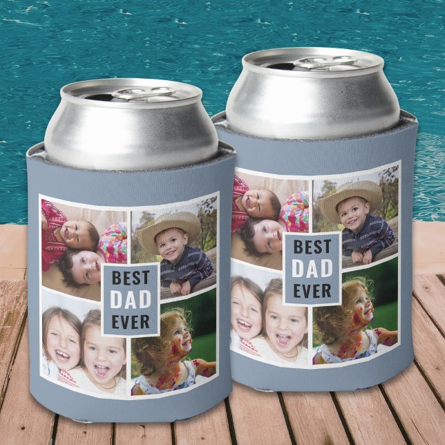 Best Dad Ever 4 Photo Collage Personalized Grey Can Cooler (Creator Uploaded)