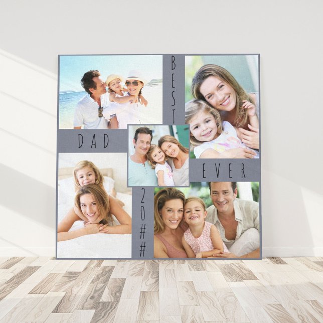 Best Dad Ever 5 Photo Collage Grey Blue Square Canvas Print (Creator Uploaded)