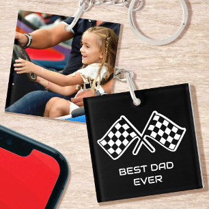 Best Dad Ever Chequered Flags Custom Photo Black Keychain