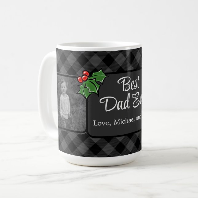 Best Dad ever Christmas classic grey Plaid Holly  Coffee Mug (Front Left)