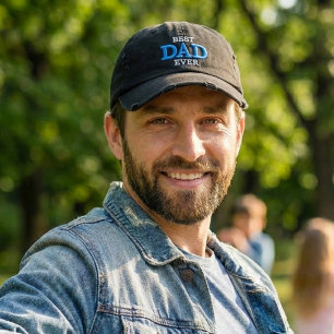 Best Dad Ever Classic Blue White Typography Black Embroidered Hat