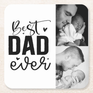 Best Dad Ever Custom 2 Photo Collage Square Paper Coaster