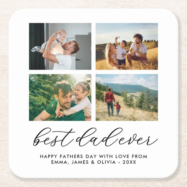 Best Dad Ever Custom Photo Collage Square Paper Coaster (Front)