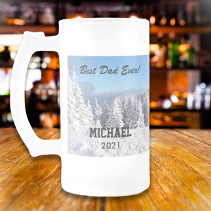 Best Dad Ever Custom Photo Text Personalized Frosted Glass Beer Mug