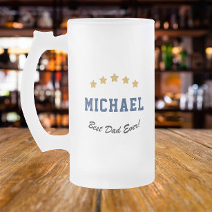 Best Dad Ever Custom Text Gold Stars Personalized Frosted Glass Beer Mug