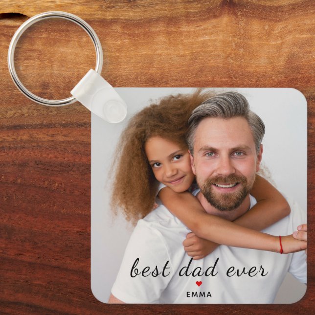Best Dad Ever Cute Red Heart Two Photo Images  Keychain (Front)