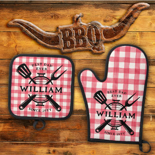 Best Dad Ever Father's Day BBQ Grill Red Gingham  Oven Mitt & Pot Holder Set