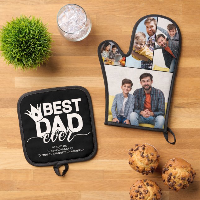 Best Dad Ever Fathers Day Photo Collage Keepsake Oven Mitt & Pot Holder Set (Top Down)