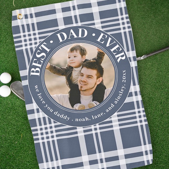 Best Dad Ever Fathers Day Plaid Custom Photo Golf Towel (Creator Uploaded)