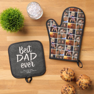 Best Dad Ever Grey Leather Print 6 Photo Collage Oven Mitt & Pot Holder Set