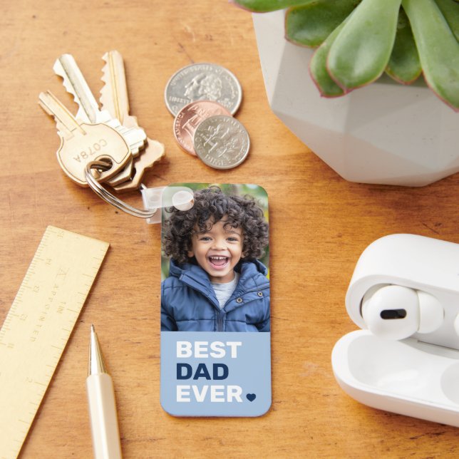 Best dad ever heart blue fathers day 2 photos keychain (Desk)