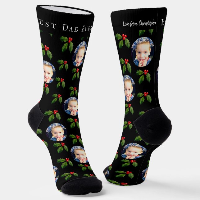 Best Dad Ever Kid Photo & Name Holly Berry Holiday Socks (Angled)