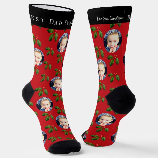 Best Dad Ever Kid Photo & Name Holly Berry Holiday Socks (Angled)