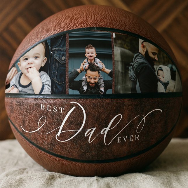 Best Dad Ever Leather Fathers Day Photo Collage Basketball (Best Dad Ever Leather Fathers Day Photo Collage Basketball)