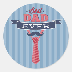 Best Dad Ever Moustache and Tie Blue Stripes Classic Round Sticker