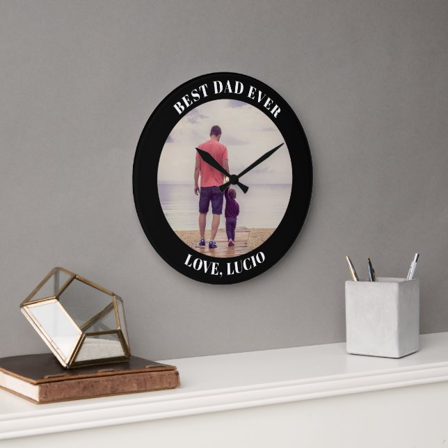 Best dad ever personalized photo black large clock (Office)