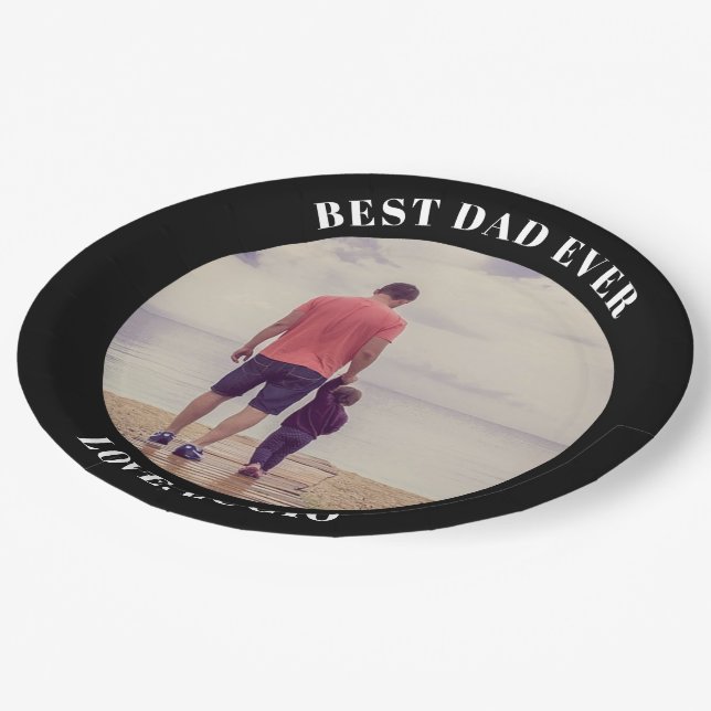 Best dad ever personalized photo black paper plate (Angled)