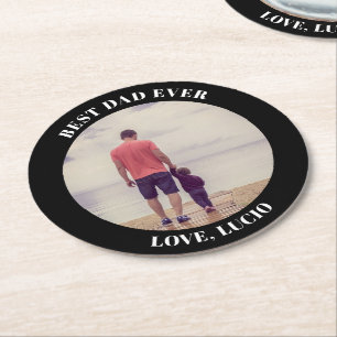 Best dad ever personalized photo black round paper coaster