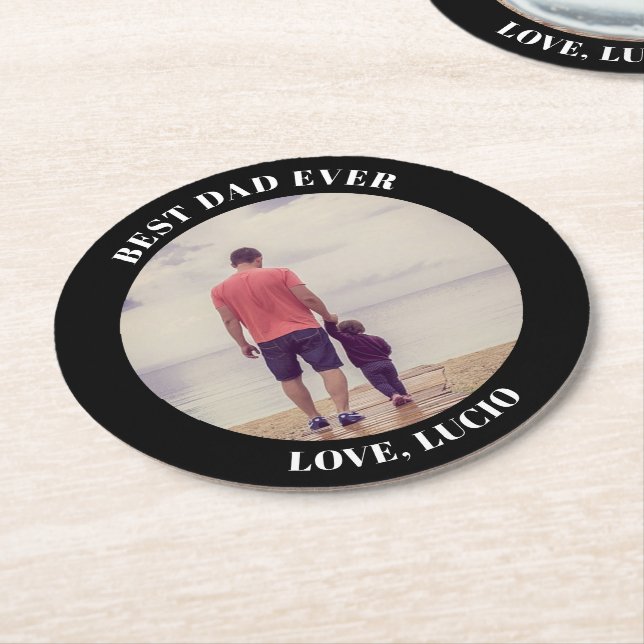 Best dad ever personalized photo black round paper coaster (Angled)