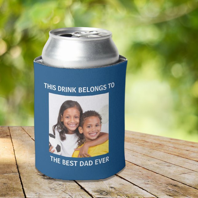 Best Dad Ever Personalized Photo Blue Can Cooler (Celebrate the best dad ever with a custom photo can cooler - a gift that he will love, use and enjoy)