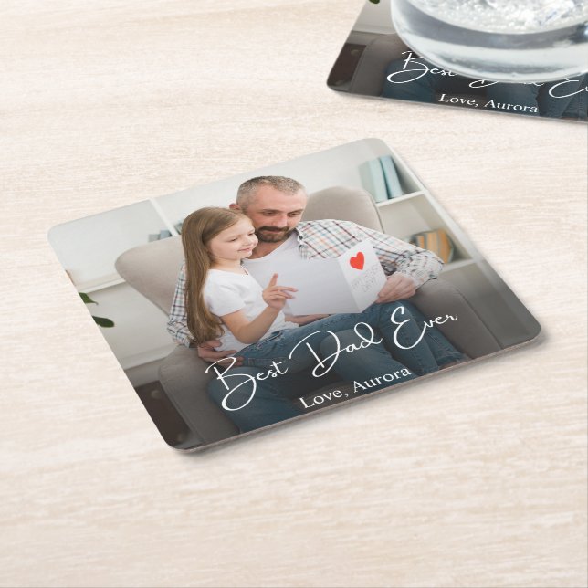 Best Dad Ever Personalized Photo Square Paper Coaster (Angled)