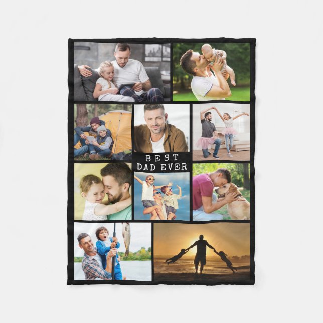 BEST DAD EVER Photo Collage Minimal Black Fleece Blanket (Front)