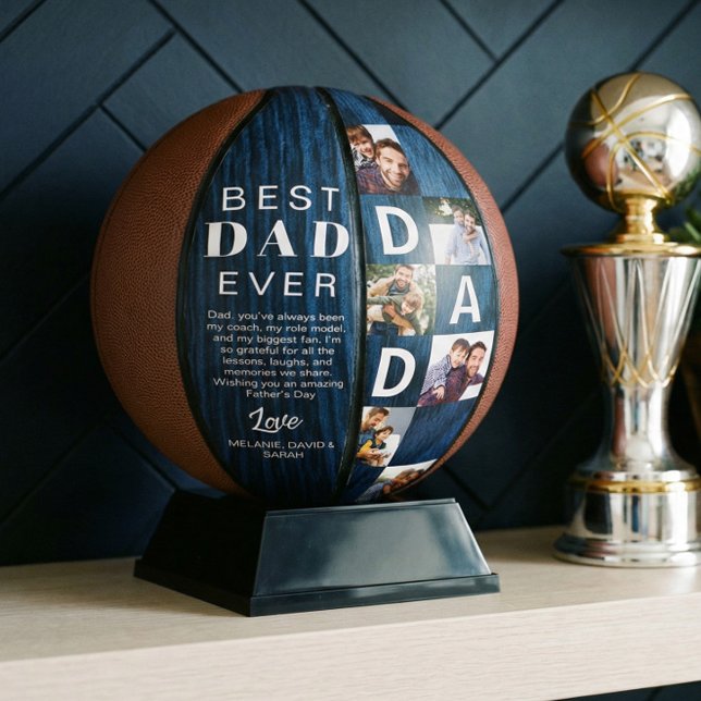 Best Dad Ever Photo Collage Woodgrain Personalize  Basketball (Best Dad Ever Photo Collage Woodgrain Personalize Basketball)